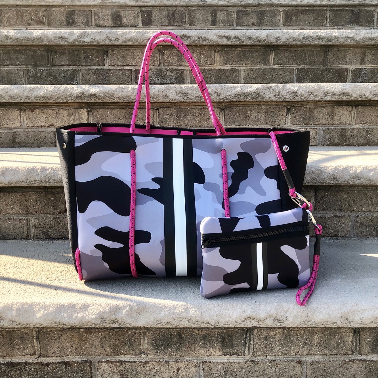 Neoprene Hot Pink/Grey Camo w/Striped Tote Bag – Royalty Boutique